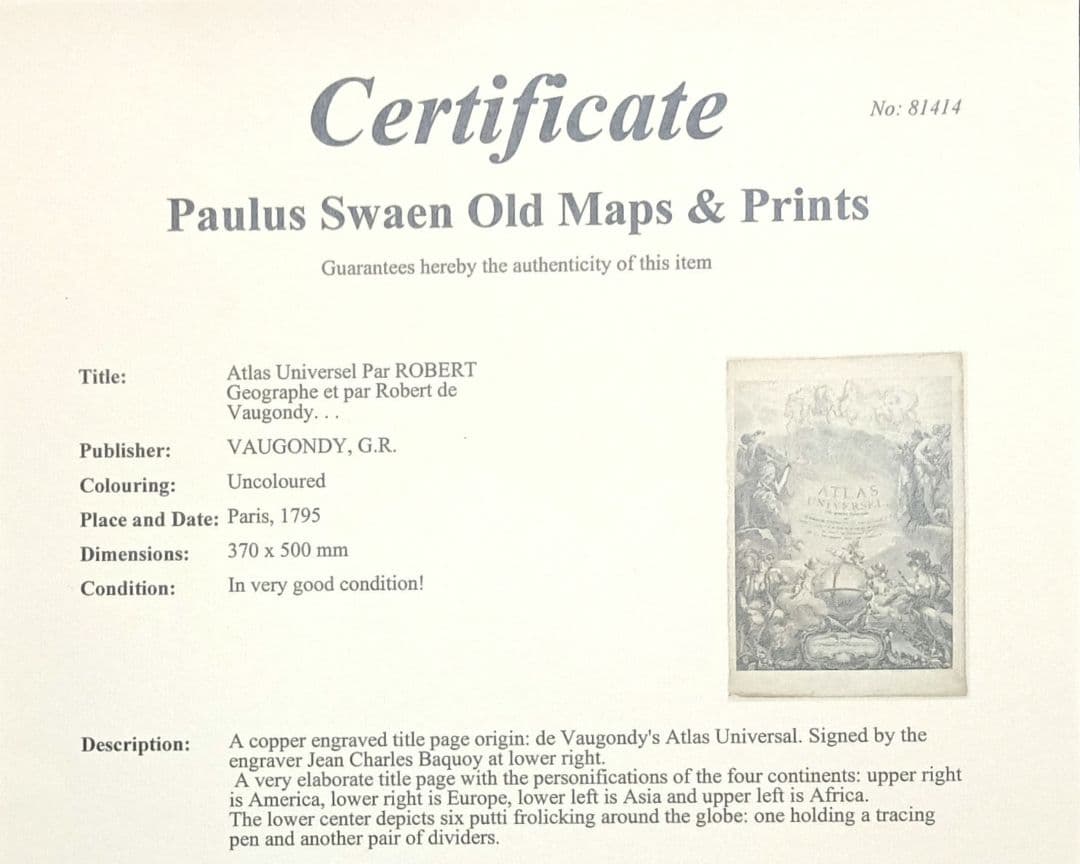 額装品　18世紀　R.ボーゴンディ　「地図帳の扉絵」　大型作品　稀少　版刻精緻