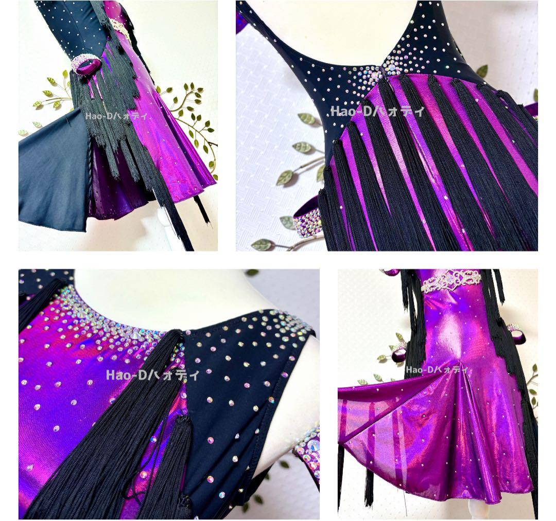 新品★ラテンドレス★M〜ML★社交ダンス★メタリックパープル★フリンジ★競技会★