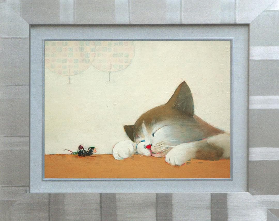 油絵菅家令子絵 絵画インテリア額付(青緑＋金色の枠)F4-072019猫女の子蟻