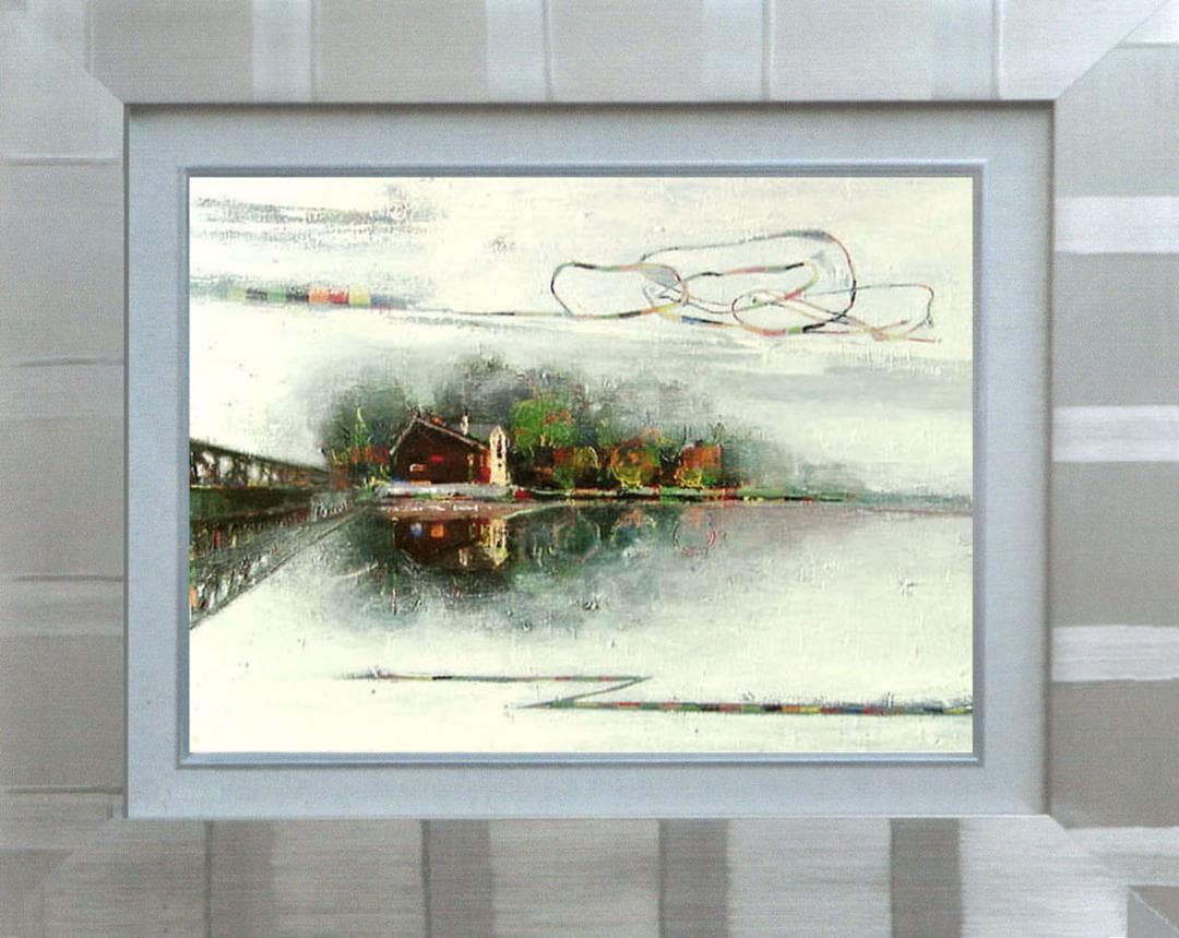 油絵 菅家令子 絵画インテリア額付(青緑＋金色の枠) uF6-062803風景橋