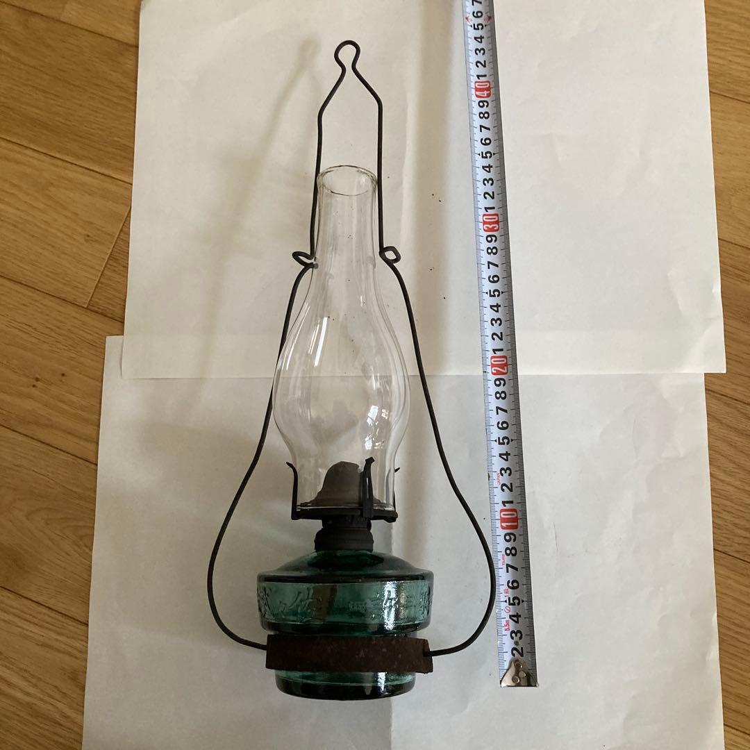 オイルランプ 透明ガラス 緑硝子ベース 高さ　持ち手含めて約４５cm