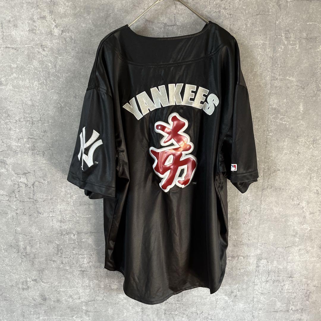 MLB ヤンキース 00s ベースボールシャツ 紐育 エナメル　Ｌメンズ黒C3