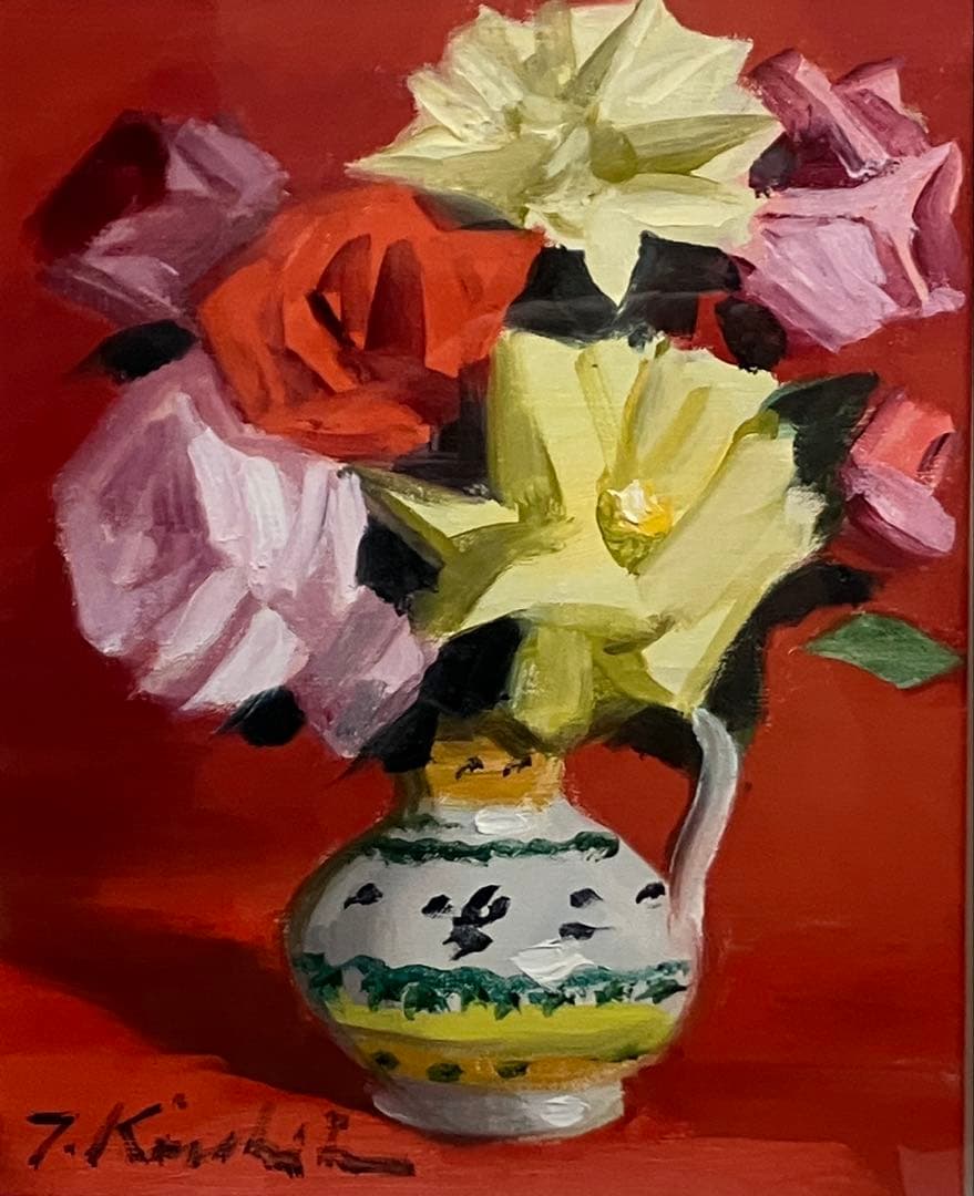 木下孝則（薔薇） 油彩 3号 人気画家 強弱のとれたバランスの良いタッチ感 油絵
