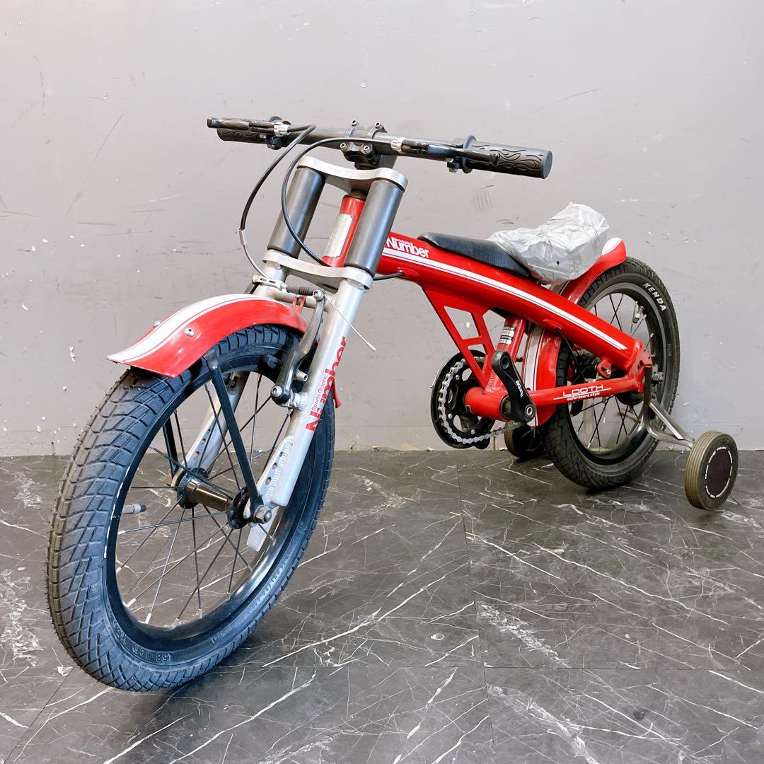 【919】アウトレット バイク風 子供車 Number レッド 補助輪付き