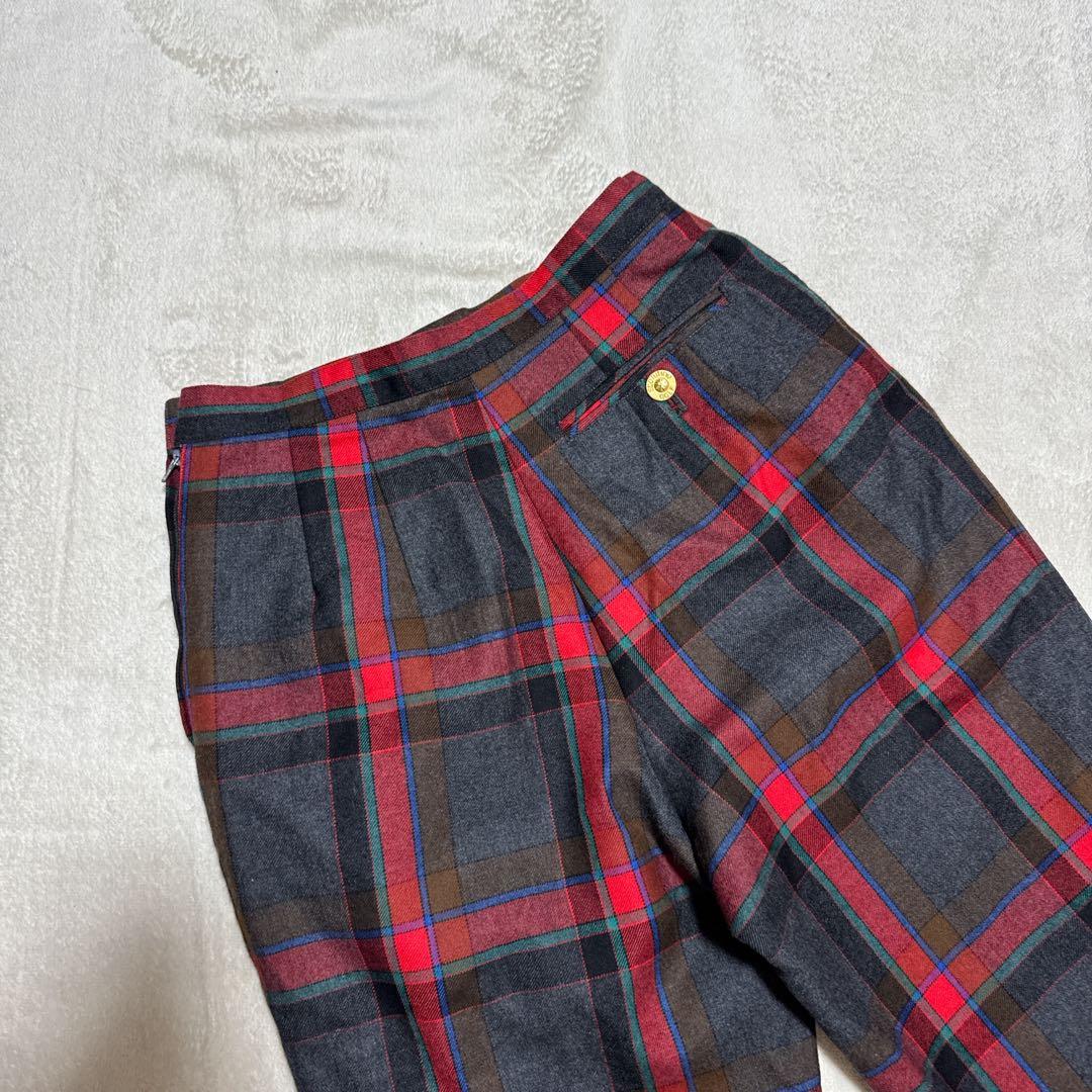 【sporutino】 毛100%レトロチェック柄ワイドパンツ 七分丈 紺ブレ