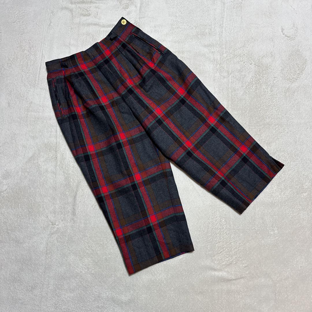 【sporutino】 毛100%レトロチェック柄ワイドパンツ 七分丈 紺ブレ