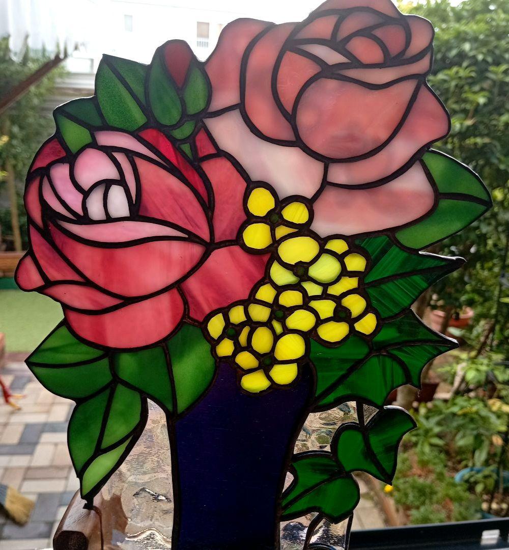 ステンドグラスパネル　薔薇にアイビーを添えて