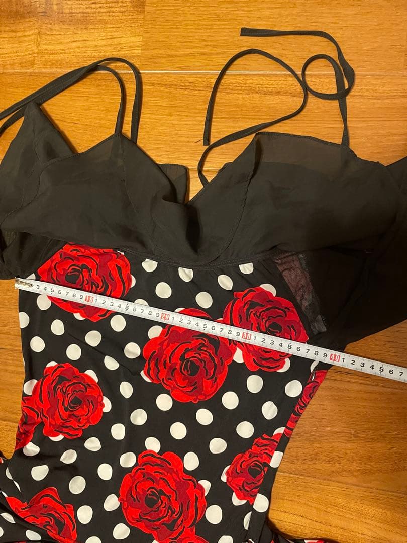 社交ダンス　ワンピース　ドレス　赤いバラ＋水玉　ストレッチ　パーティー　練習着