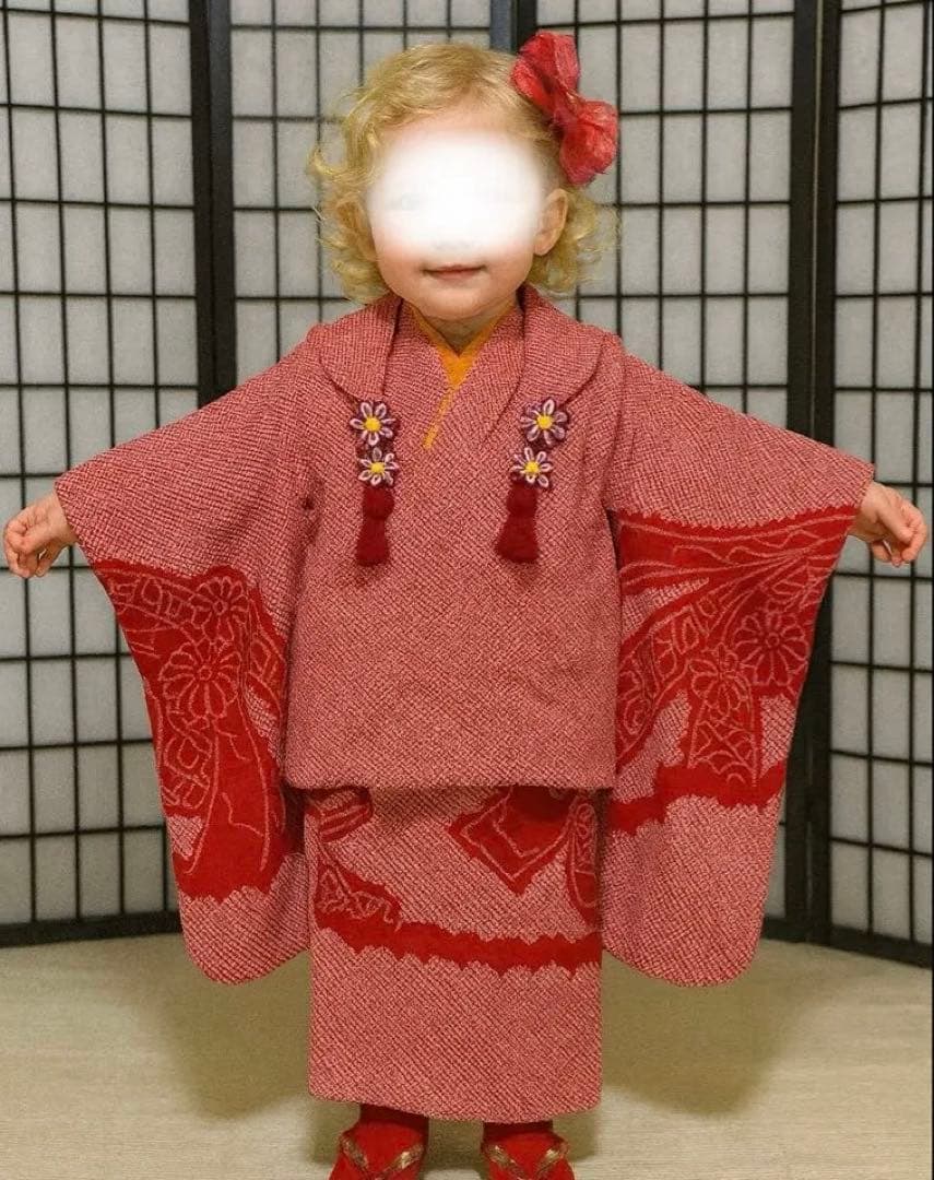 着物セット　３歳　総絞り　七五三　着物　被布　赤色　金駒刺繍　美品