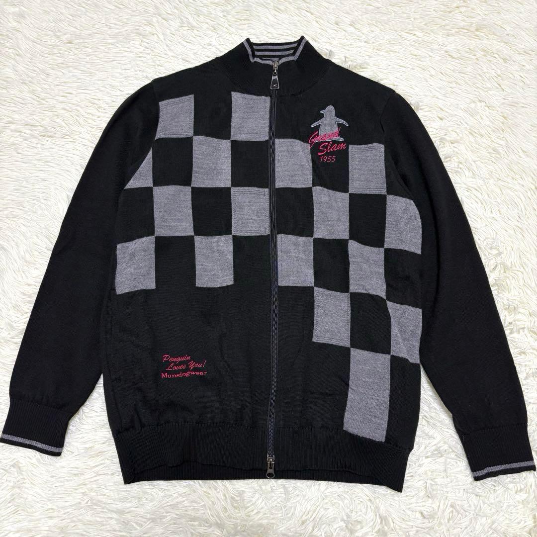 Munsingwear フルジップ ニット ダブルジップ ロゴ刺繍 チェック L
