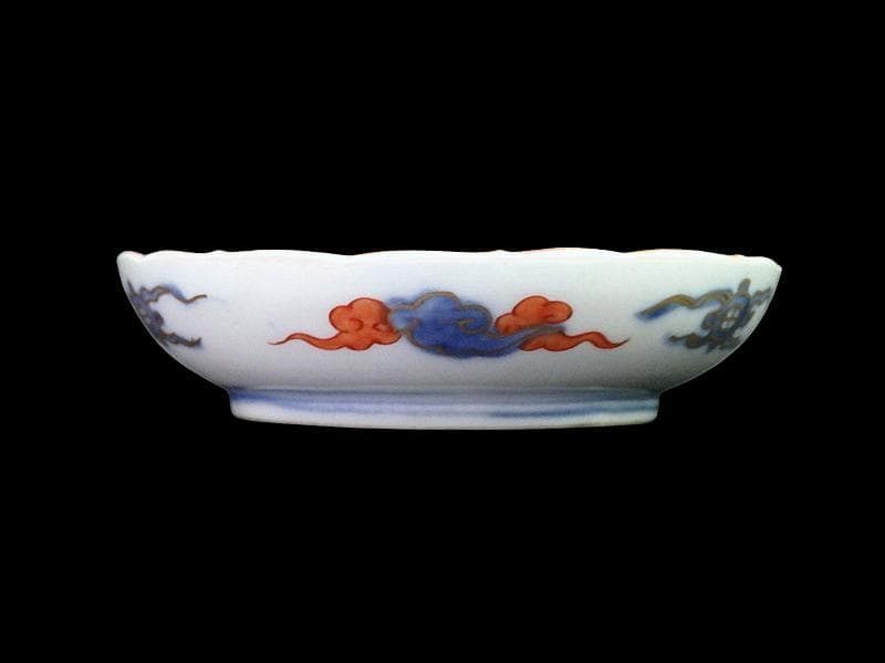 古伊万里　色絵　窓絵　宝船に金唐草の図　４寸皿　５枚　B985AS-CXv