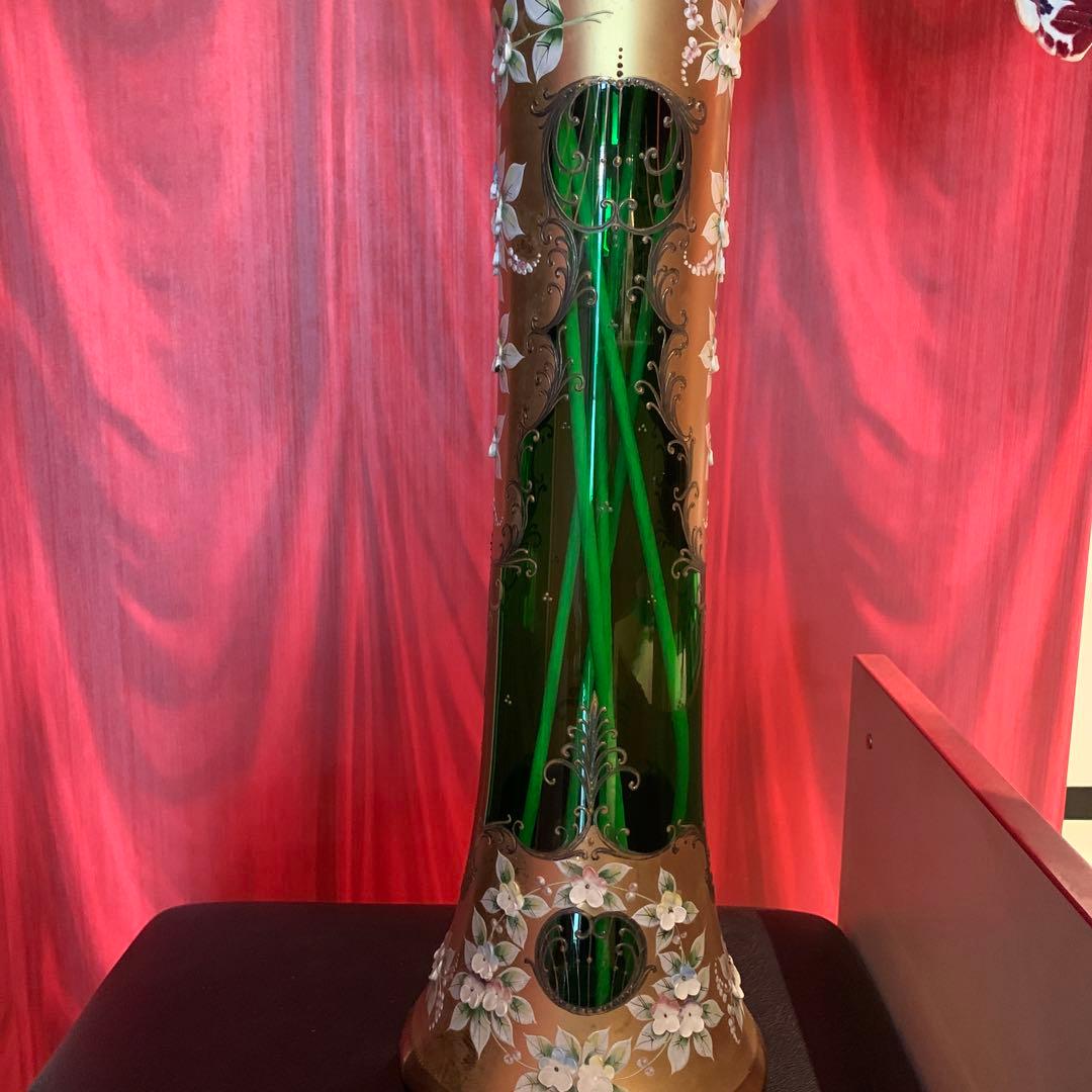 Bohemia ボヘミアングラス フラワーベース　花瓶　ロングタイプ　グリーン