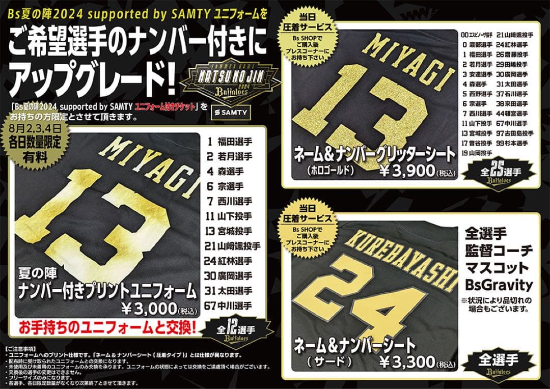 オリックス・バファローズ　太田椋　2024夏の陣　配布ユニ　圧着加工　#31