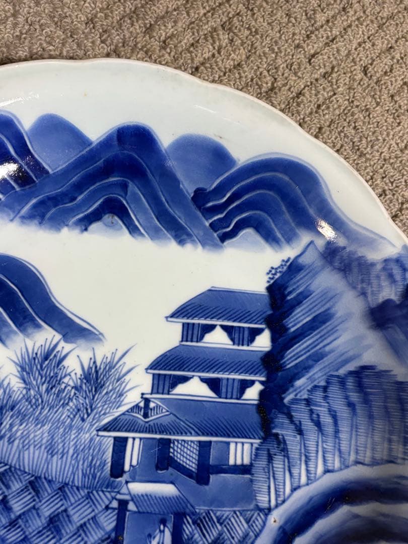 古伊万里染付山水図皿 江戸時代中期 太明成化年製 陶器 骨董品 藍色 時代物