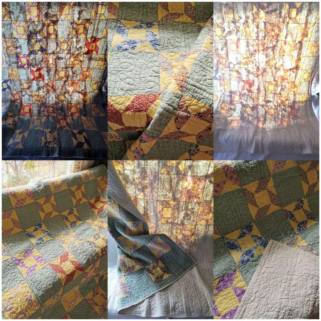アンティーク 中綿入り手縫い超大判キルト パッチワーク更紗フィードサック 葉刺繍