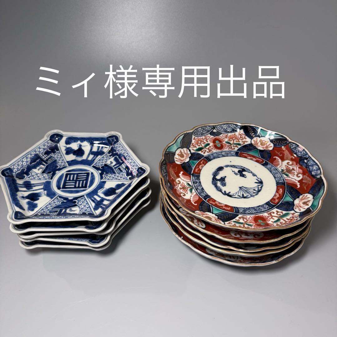 ミィ　古伊万里　色絵うさぎ文様輪花形七寸皿　染付竹林賢人図六角皿　各五枚