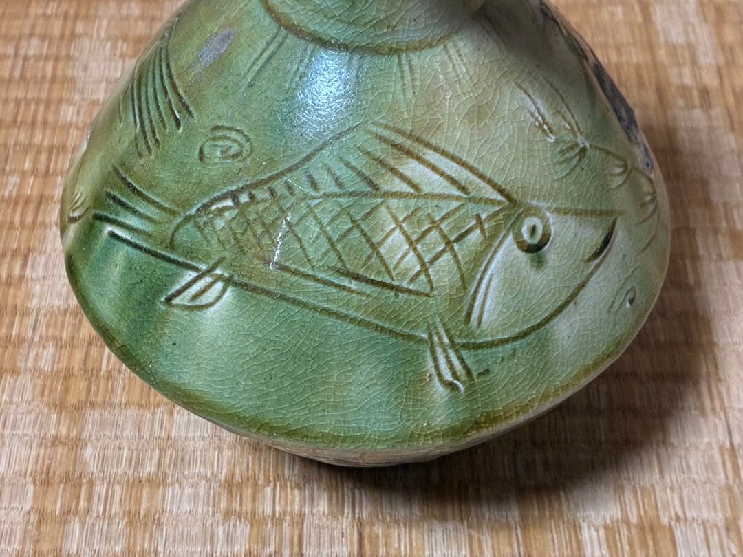 古陶器 魚紋 緑黄釉 陶器 水差し ピッチャー 水注
