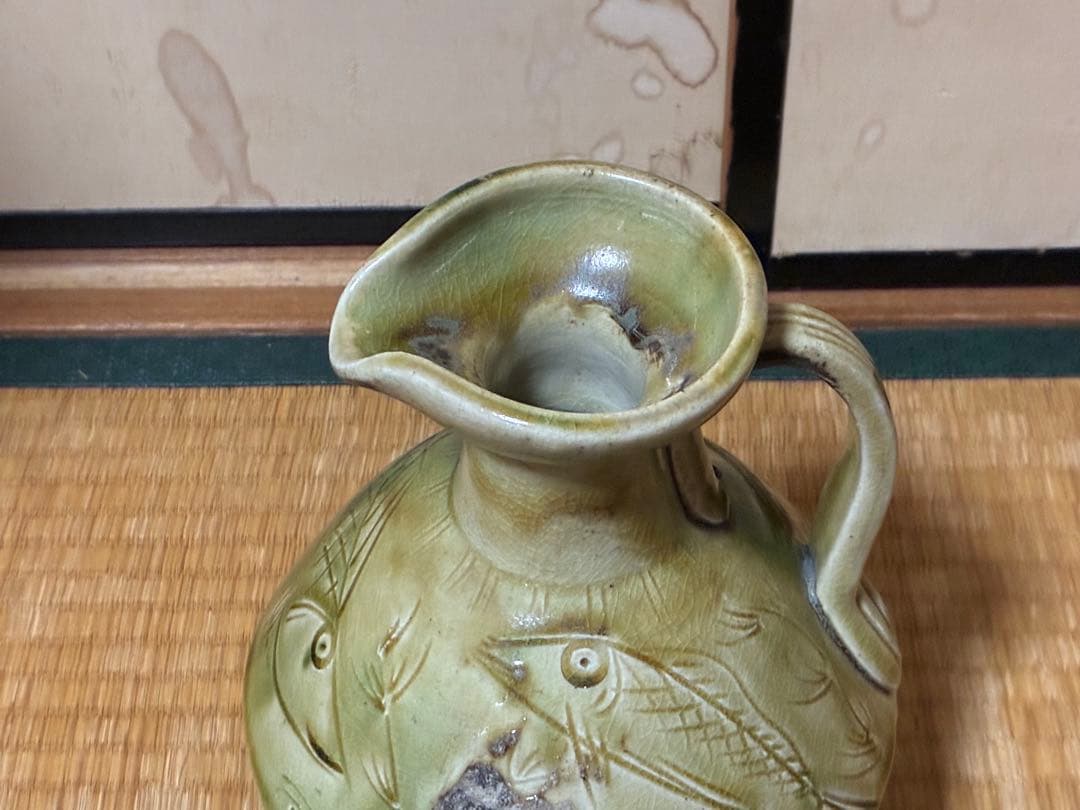古陶器 魚紋 緑黄釉 陶器 水差し ピッチャー 水注