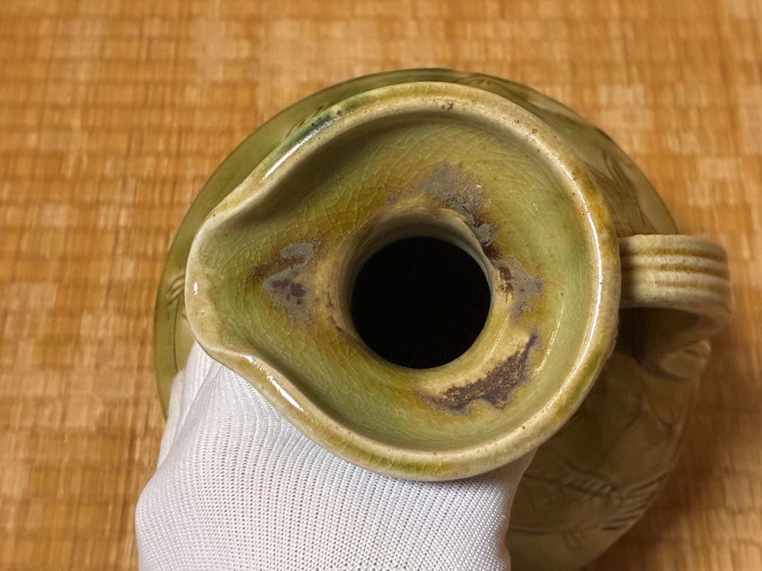 古陶器 魚紋 緑黄釉 陶器 水差し ピッチャー 水注