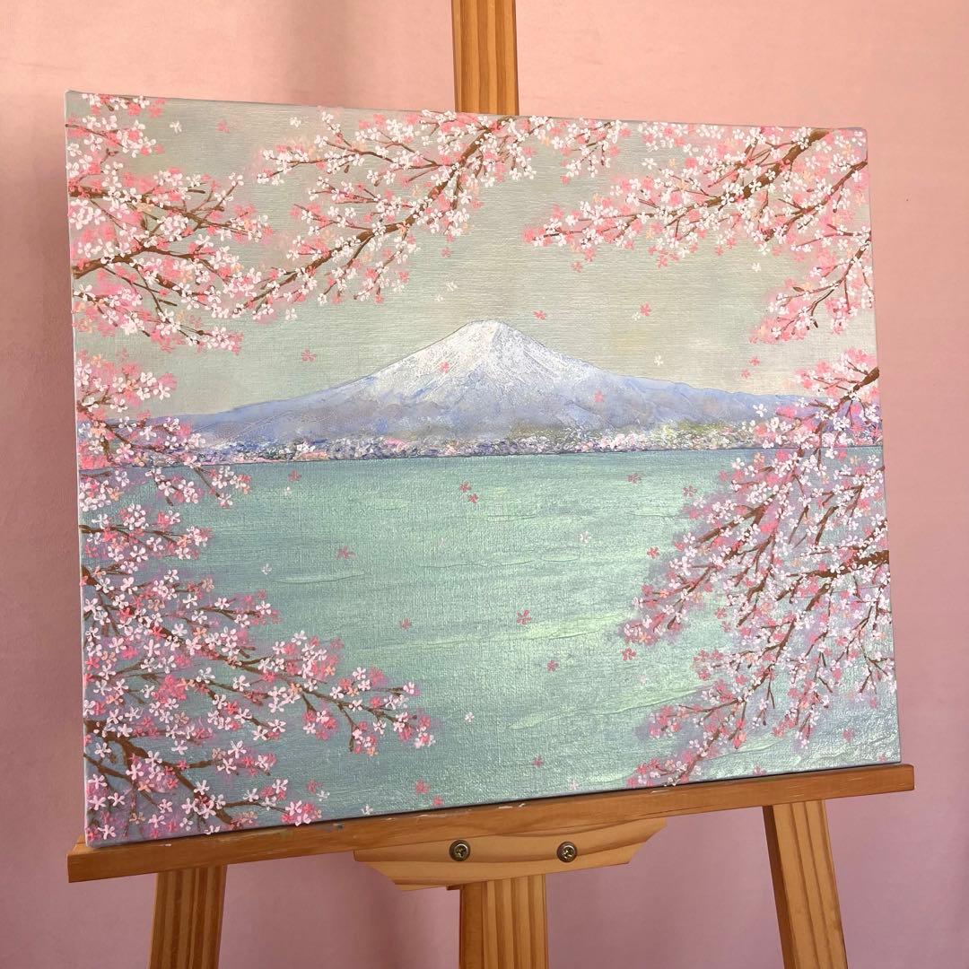 桜と富士山 原画 F8 テクスチャーアート 風景画 インテリアアート 桜 春
