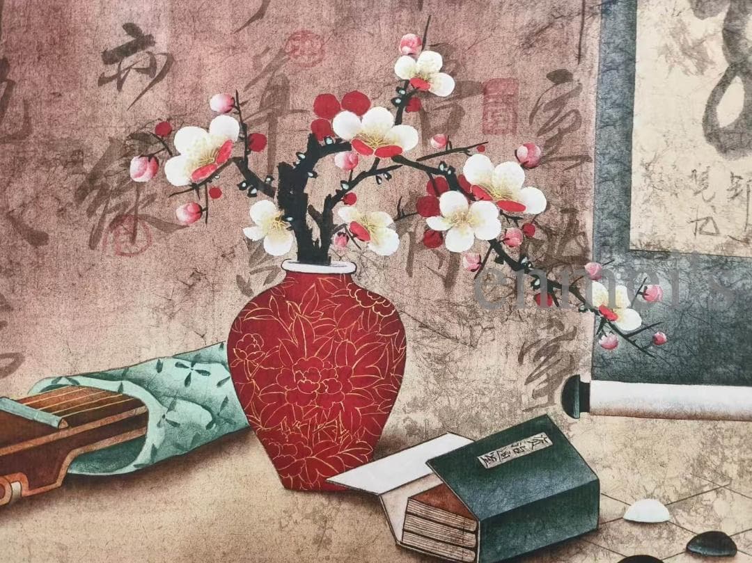 中国古美術 清時代 郎世寧作款 福慶如意図 横幅 宣紙 手描き 掛け軸 水墨画