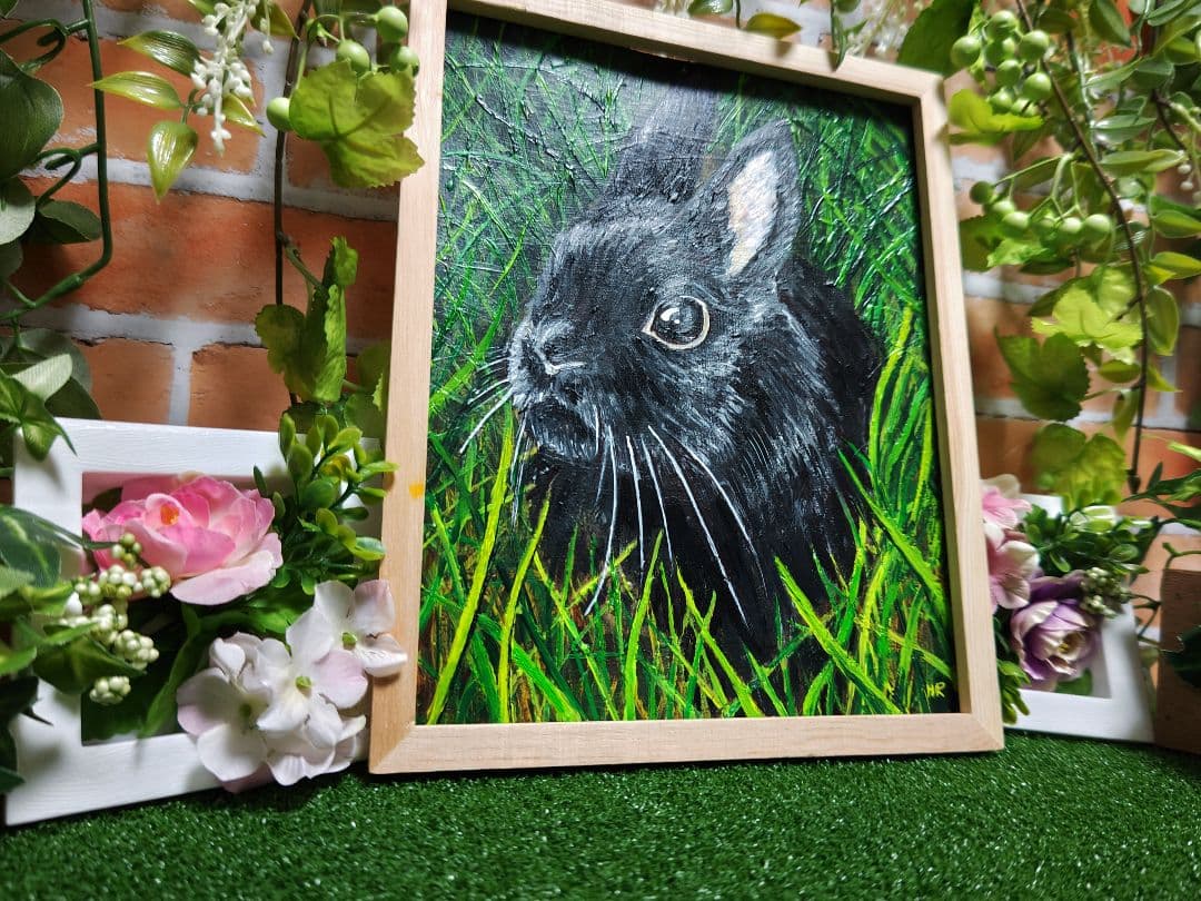 油絵 絵画【黒うさぎ】
