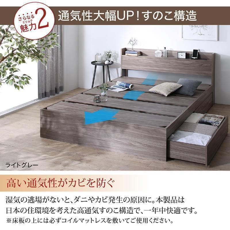 【mm】ダブルベッド 収納 棚 2口コンセント マットレス付W