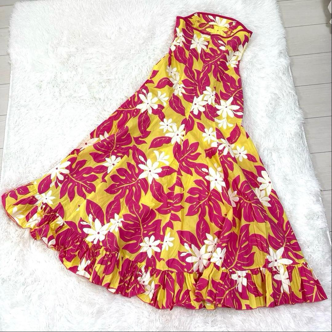 美品　フラダンス　ドレス　ワンピース　プルメリア　モンステラ　ロング　フリル