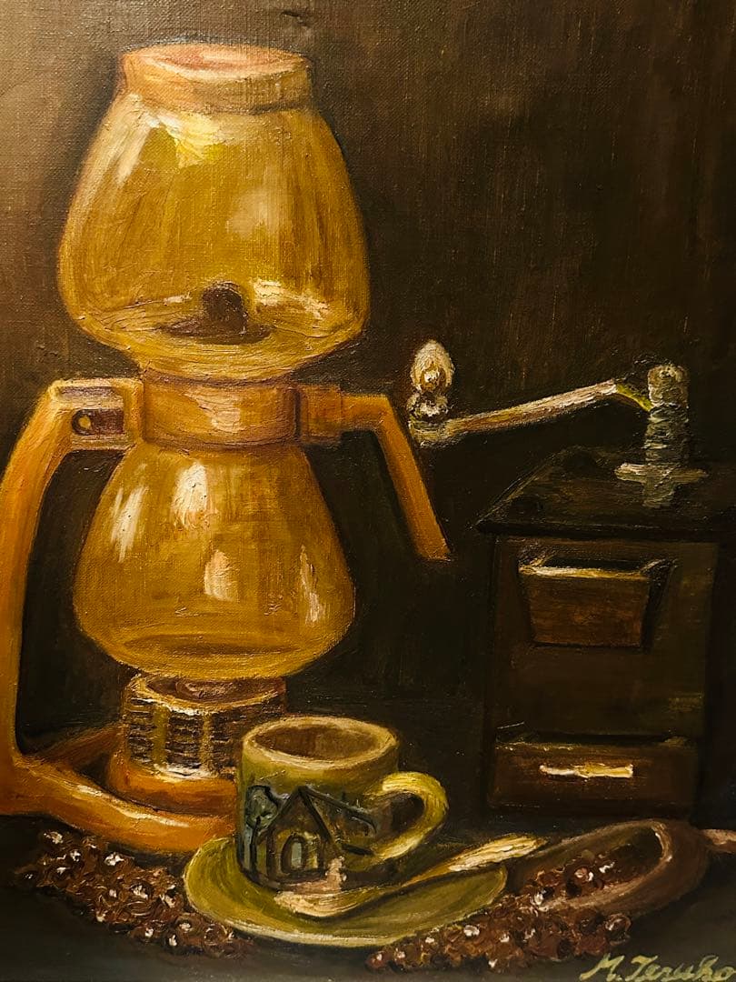 【真筆】1956年制作 油絵 静物画 コーヒー 豪華手彫り額縁 アンティーク