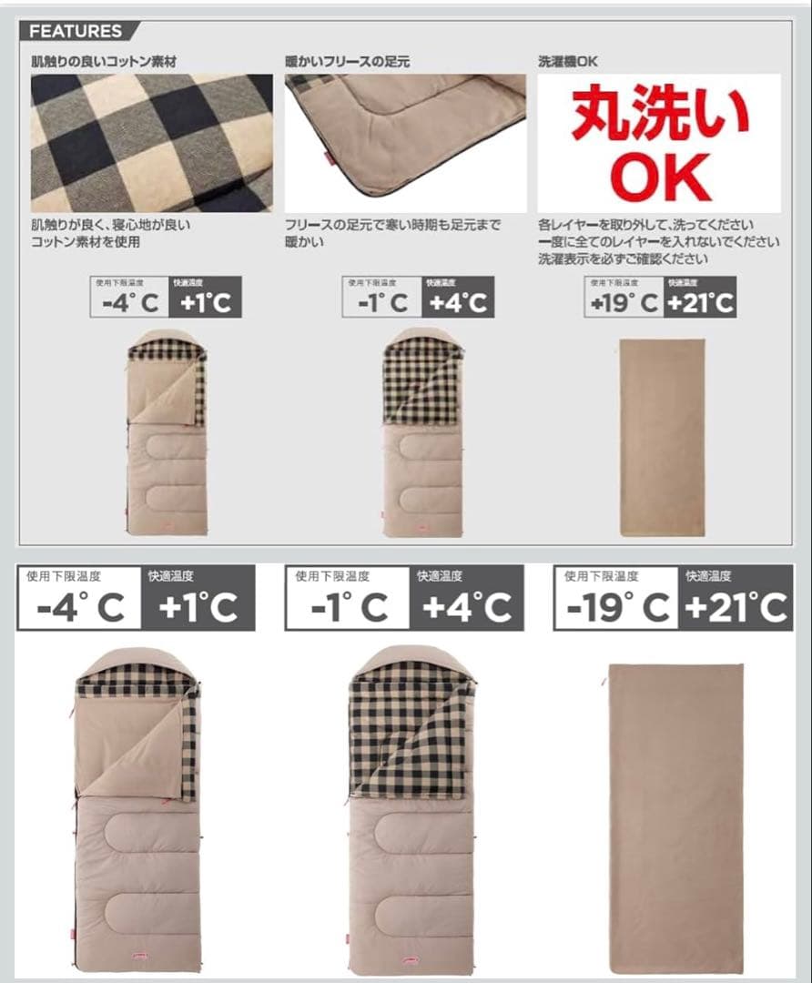 極美品２個セット　コールマン　マルチレイヤースリーピングバッグ　１回のみ使用