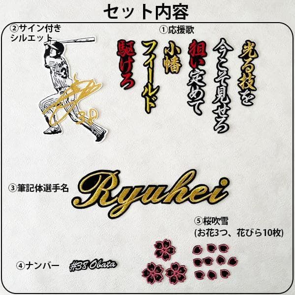 阪神タイガース 小幡竜平 刺繍ワッペン 5点セット 筆記体【黒】応援歌