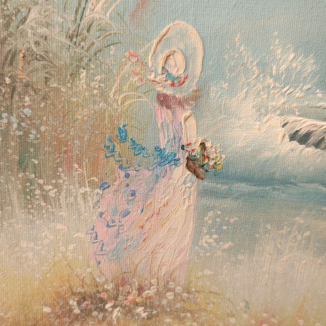 【油彩画】海辺の女性と花畑　北欧アート　12号　約50×60cm